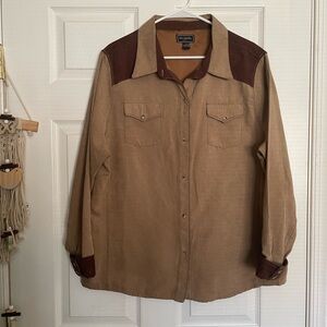 Bit & Bridle for Her Tan and Brown Button Up Western Suede Shirt Size 1X Womens